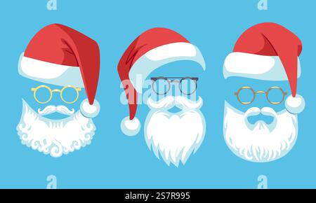 Weihnachtsmannskostüm. Weihnachtsmütze, weißer Schnurrbart, Bärte und Brille. Weihnachtliche Dekorationselemente, Winterkleidung. Niedliches Porträt für Weihnachtskarten Poster und Banner. Vektor-Zeichentrickfilm isolierter Satz. Weihnachtsmannskostüm. Weihnachtsmütze, weißer Schnurrbart, Bärte und Brille. Weihnachtliche Dekorationselemente, Winterkleidung. Niedliches Porträt für Weihnachtskarten und Poster. Vektor-Zeichentrickfilm isolierter Satz Stock Vektor