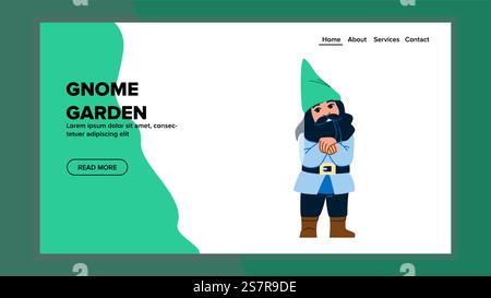 Glücklicher Gnom-Garten-Vektor. Nettes Grün, Fantasy-Bart, kitschige fröhliche Gnom-Garten-Web-flache Zeichentrickillustration. Glücklicher Gnom-Garten-Vektor Stock Vektor