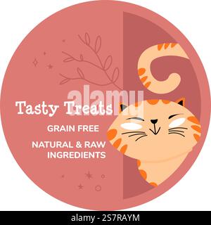 Naturfutter für Haustiere ohne künstliche Farb- und Konservierungsstoffe. Toller Geschmack von Katzenschmeckern. Umweltfreundliche Verpackung. Etikett oder Emblem für Paket, Logo-Symbol-Vektor in flacher Form. Leckere Zutaten ohne Getreide Stock Vektor
