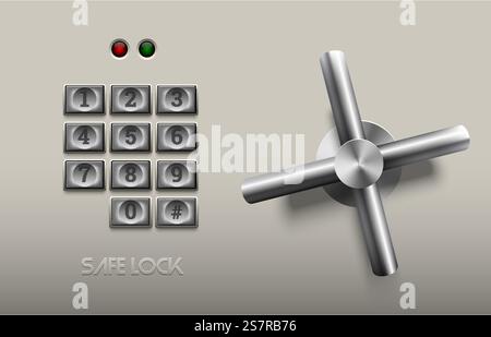 Realistisches, sicheres Metallelement auf weißem Hintergrund. Edelstahlrad. Vektorsymbol oder Designelement. Tastenfelder aus Metall mit Nummer. Sicherheits- und Datenschutzkonzept. Realistisches, sicheres Metallelement auf weißem Hintergrund. Edelstahlrad. Vektorsymbol oder Designelement. Tastenfelder aus Metall mit Nummer. Sicherheits- und Datenschutzkonzept. Stock Vektor
