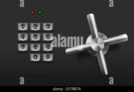 Realistisches, sicheres Metallelement auf strukturiertem schwarzem Kunststoffhintergrund. Edelstahlrad. Vektorsymbol oder Designelement. Tastenfelder aus Metall mit Nummer. Sicherheits- und Datenschutzkonzept. Realistisches, sicheres Metallelement auf strukturiertem schwarzem Kunststoffhintergrund. Edelstahlrad. Vektorsymbol oder Designelement. Tastenfelder aus Metall mit Nummer. Sicherheits- und Datenschutzkonzept. Stock Vektor