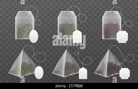 Teebeutel Mockup. Realistische Einweg-Getränkebeutel und Pyramiden Beutel mit leeren Papieretiketten verschiedene Formen, schwarze und grüne trockene Blätter verschiedene Arten Sammlung. Vektor 3D isolierter Satz. Teebeutel Mockup. Realistische Einweg-Infusionsbeutel und Pyramiden-Beutel mit leeren Etiketten, schwarzen und grünen trockenen Blättern verschiedener Arten Sammlung. Vektor 3D isolierter Satz Stock Vektor