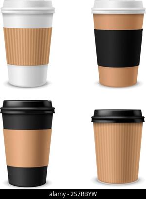 Tassen Kaffeepapier. Realistische Tasse zum Mitnehmen mit Kunststoffkappe, leerer brauner weißer und schwarzer Behälter mit Deckel für heiße Getränke mit Morgenduft Latte Mocha Cappuccino. Paket Modell Vektor 3D isoliert Set. Tassen Kaffeepapier. Realistische Tasse zum Mitnehmen mit Kunststoffkappe, leerer brauner weißer und schwarzer Behälter mit Deckel für heiße Getränke mit Latte Mocha Cappuccino am Morgen. Paket Modell Vektor isoliert Set Stock Vektor