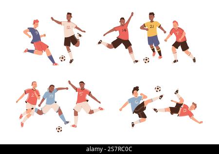 Kämpfende Fußballspieler. Athleten kämpfen um Ball, Fußball-Action, Sport-Team-Spiel, Menschen in Uniform, scharfe Match-Momente. Olympia-Profi-Sport-Kollektion. Vektor-Zeichentrickfilm flach isoliert Set. Kämpfende Fußballspieler. Athleten kämpfen um Ball, Fußball-Action, Sport-Team-Spiel, Menschen in Uniform, scharfe Match-Momente. Olympischer Profisport. Vektor-Zeichentrickfilm flach isoliert Set Stock Vektor