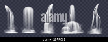 Realistischer Wasserfall. 3D-Flüssigkeit, die durch Düsen fließt, Wassertropfen Nebel, Bergflüsse und Spritzer, verschiedene Formen und Winkel. Vektor-Cartoon isoliert auf transparentem Hintergrund. Realistischer Wasserfall. 3D-Flüssigkeit, die durch Düsen fließt, Wassertropfen Nebel, Bergflüsse und Spritzer, verschiedene Formen und Winkel. Vektor-Zeichentrickfilm isolierter Satz Stock Vektor
