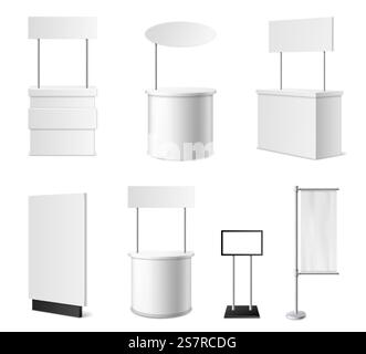 Realistische Werbestände. 3D weiße leere Werbespots Kollektion, isolierte leere Veranstaltungstische Mockup, verschiedene Designs Modelle, saubere leere Aktionstische mit Schildern und Fahnen Vektorsatz. Realistische Werbestände. 3D-weiße leere Werbetafeln, isolierte leere Veranstaltungstische Mockup, verschiedene Designs, saubere leere Promo-Tische mit Signboard-Vektor-Set Stock Vektor
