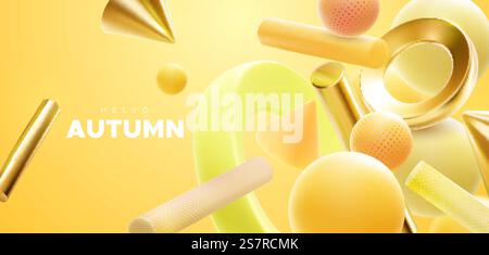 „Hello Autumn“-Schild auf gelbem Hintergrund mit fließenden geometrischen Formen. Vektor-3D-Illustration. Herbstsaison Bannerdesign. „Hello Autumn“-Schild auf gelbem Hintergrund mit fließenden geometrischen Formen. Stock Vektor