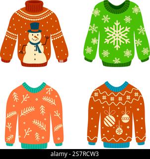 Strickpullover mit weihnachtsmuster. Weihnachtselemente. Wolle hässliche Pullover mit Schneeflocken und Schneemann, Pullover stilvolles neues Jahr Winterurlaub Design, gemütliche Kleidung Vektor Cartoon flach isoliert Set. Strickpullover mit weihnachtsmuster. Weihnachtselemente. Hässliche Wollpullover mit Schneeflocken und Schneeflocken, stilvolles Silvester-Design für den Winterurlaub, gemütliche Kleidung. Vektor-Zeichentrickfilm isolierter Satz Stock Vektor