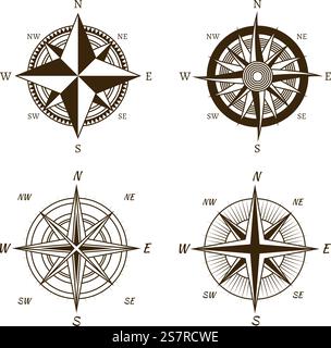 Symbole Kompass. Windrose handgezeichnet. West-Ost- und Süd-Nord-Symbol für Navigation, Reise und Abenteuer. Geografie-Karten im Vintage-Stil. Abstraktes Retro-Logo, grafisches Piktogramm-Objekt. Vektor-isolierter Satz. Symbole Kompass. Windrose handgezeichnet. West-Ost- und Süd-Nord-Symbol für Navigation, Reise und Abenteuer. Geografie-Karten im Vintage-Stil. Abstraktes Retro-Logo, Piktogramm-Objekt-Vektor-isolierter Satz Stock Vektor