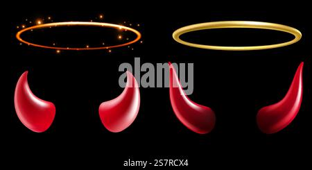 Teufelshörner und Engelringe. Goldener leuchtender Halo, glänzende goldene Aureole und rotes Dämon-Horn. Realistisches halloween Kostümdesign, Hölle und Himmel Symbol, Vektor 3D isoliert auf schwarzem Hintergrund Set. Teufelshörner und Engelringe. Goldener leuchtender Halo, glänzende goldene Aureole und rotes Dämon-Horn. Realistisches halloween Kostümdesign, Hell and Himmels Symbol, Vektor 3D isoliert Set Stock Vektor