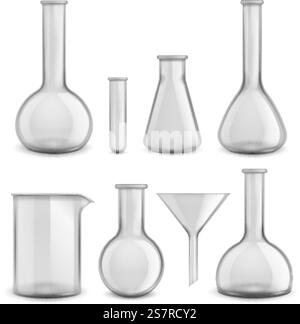 Glaschemiegeräte. Realistische Reagenzgläser. Transparentes 3D-Laborgeräteset. Isolierte wissenschaftliche Messbehälter. Vektor verschiedene Arten leerer Versuchsbecher und -Kolben. Glaschemiegeräte. Realistische Reagenzgläser. Transparentes 3D-Laborgeräteset. Wissenschaftliche Messbehälter. Vektor verschiedene Arten von Versuchsbechern und -Kolben im Labor Stock Vektor