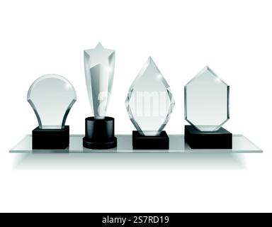 Die Preise des Glasmeisters stehen auf dem Regal. Realistisch andere Auszeichnung für Regale, Gewinner Trophäe glänzende Acrylpreise verschiedene Formen, leere Wettbewerbstasse, Sport und Musik erzielen Vektor isoliert auf weißem Set. Die Preise des Glasmeisters stehen auf dem Regal. Realistisch andere Auszeichnungen für Regale, Gewinner Trophäe glänzende Acrylpreise verschiedene Formen, leere Wettbewerbstasse, Sport und Musik erzielen Vektorset Stock Vektor