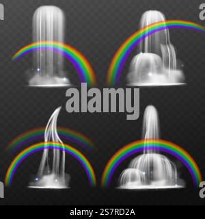 Regenbogen-Wasserfall. Realistische 3D-natürliche Objekte und physikalische Ereignisse, Lichtbrechung durch Wassermikrotropfen, Farbspektrum, verschiedene Formen Gebirgsflüsse Flüsse Flüsse Spritzer, Vektor-isolierter Satz. Regenbogen-Wasserfall. Realistische 3D-natürliche Objekte und physikalische Ereignisse, Lichtbrechung durch Wassermikrotropfen, Farbspektrum, Gebirgsflüsse Flüsse Spritzer, Vektor-isolierter Satz Stock Vektor