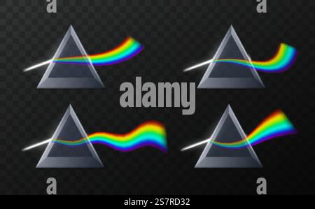 PRISM Regenbogenformen. Realistische physikalische Brechung, dreieckige Pyramidenoptik, stilisierte verschiedene Kurven Wellenlichter. Mehrfarbiger Gradientenstrahl. Vektor auf transparentem Hintergrund isoliert. PRISM Regenbogenformen. Realistische physikalische Brechung, dreieckige Pyramidenoptik, stilisierte verschiedene Kurven Wellenlichter. Mehrfarbiger Gradientenstrahl. Vektor-isolierter Satz Stock Vektor