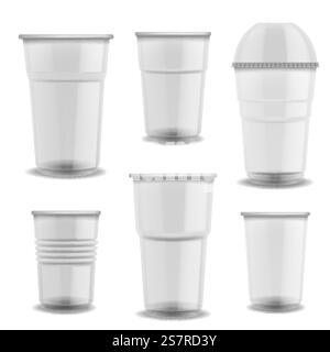 Einwegbecher aus transparentem Kunststoff. Gläser mit Kuppeldeckel leer verschiedene Größen für kalte und heiße Getränke, Kaffee oder Saft zum Mitnehmen, leere Getränkeverpackungen, Geschirrvektor 3D realistisches isoliertes Set. Einwegbecher aus transparentem Kunststoff. Gläser mit Kuppeldeckel leer verschiedene Größen für kalte und heiße Getränke, Kaffee oder Saft zum Mitnehmen, leere Getränkeverpackungen, Tischgeschirr Vektor realistisches Set Stock Vektor
