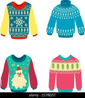 Pullover mit Mustern weihnachten. Gestrickte Weihnachtselemente. Hässliche Wollpullover mit Schneeflocken und weihnachtsmann, stilvolles Silvester-Design für den Winterurlaub, gemütliche Kleidung. Vektor-Zeichentrickfilm flach isoliert Set. Pullover mit Mustern weihnachten. Gestrickte Weihnachtselemente. Hässliche Pullover aus Wolle mit Schneeflocken und weihnachtsmann, stilvolles Silvester-Design für den Winterurlaub. Vektor-Zeichentrickfilm flach isoliert Set Stock Vektor
