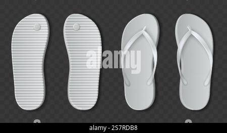 Weiße Flip-Flops-Sandalen. Realistische leere Strandschuhe aus Gummi. Badezimmerschuhe oder Badeschuhe mit offenen Fingern. Sommer barfuß. Draufsicht eines Vektor-isolierten Schuhpaares mit Kunststoffsohle. Weiße Flip-Flops-Sandalen. Realistische Strandschuhe aus Gummi. Badezimmerschuhe oder Badeschuhe mit offenen Fingern. Sommer barfuß. Draufsicht eines Vektor-isolierten Schuhpaares mit Kunststoffsohle Stock Vektor