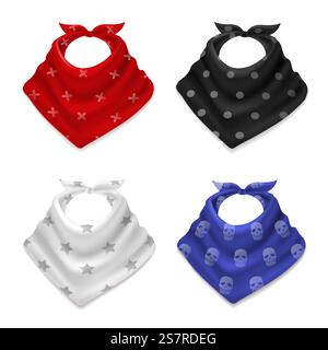 Realistischer Bandana-Schal. 3D Seide rot und blau, weiß und schwarz Schals mit Mustern, Cowboy Stil Halstücher mit verschiedenen Drucken, Mode Hals und Kopf Accessoires, gebunden Hanky Vektor isoliert Set. Realistischer Bandana-Schal. 3D Seide rot und blau, weiß und schwarz Schals mit Mustern, Cowboy Stil Halstücher mit Drucken, Mode Hals und Kopf Accessoires, gebunden Hanky Vektor Set Stock Vektor