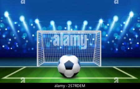 Elfmeterschießen. Realistischer Fußball auf Grasfront leeres Fußballtor, Torwartplatz, Sportstadion mit Markup, Lichter auf Spielplatzfans in Tribünen. Professionelles Meisterschaftsvektorkonzept. Elfmeterschießen. Realistischer Fußball auf Grasfront leeres Fußballtor, Torwartplatz, Sportstadion mit Markup, Lichter auf dem Spielplatz. Professionelles Meisterschaftsvektorkonzept Stock Vektor