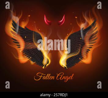 Realistisch brennende Flügel. Schwarze Federn Dämonenflügel, rote Teufelshörner in Flamme, leuchtendes gotisches Element, Vögel fliegen Teil, dunkel gefallener Engel, gruselige halloween dekorative Poster Vektor isoliertes Konzept. Realistisch brennende Flügel. Schwarze Federn Dämonenflügel, rote Teufelshörner in Flamme, Gothic Vögel fliegen Teil, dunkel gefallener Engel, gruselige halloween dekorative Poster Vektor isoliertes Konzept Stock Vektor