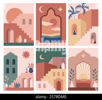 Abstrakte Architekturposter. Einfache geometrische Treppen und Ostbögen, einfache, moderne Karten im marokkanischen Stil, moderne Boho-Türen und -Fenster, Sonnenmond- und Sternenelemente. Vektor-isolierter Satz. Abstrakte Architekturposter. Einfache geometrische Treppen und Ostbögen, einfache zeitgenössische Karten im marokkanischen Stil, trendige Boho-Türen und -Fenster, Sonnenmond und Sterne Vektor isolierte Set Stock Vektor