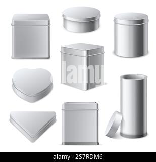 Blechdosen. Realistische 3D quadratische, zylinderförmige und runde Metallbehälter mit Deckel, Tee- und Keksgeschenkverpackungen, verschiedene Formen Mockups Sammlung, Aluminium geschlossene leere Boxen Vektor-isoliertes Set. Blechdosen. Realistische 3D quadratische, zylinderförmige und runde Metallbehälter mit Deckel, Tee- und Keksgeschenkverpackungen, verschiedene Formen Mockups, geschlossene Aluminium-Leerboxen Vektorset Stock Vektor
