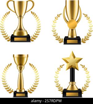 Goldene Tasse Trophäe mit Lorbeer. Sportmusik oder andere Wettbewerbe Siegerpreise, realistischer goldener Siegeskelch mit Kranzrahmen. Glückwunschzeremonie, Symbol der Führung und Erfolgsvektorset. Goldene Tasse Trophäe mit Lorbeer. Sportmusik oder andere Wettbewerbe Siegerpreise, realistischer Siegeskelch mit Kranzrahmen. Glückwunschzeremonie, Symbol für Führung und Erfolg, Vektorset Stock Vektor