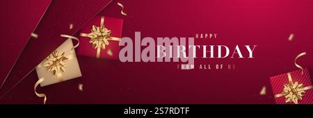 Happy Birthday (Happy Birthday) festliches Banner. Rote und goldene Geschenkboxen mit funkelnden goldenen Schleifen isoliert auf dunkelrotem Hintergrund. Werbebanner. Stock Vektor
