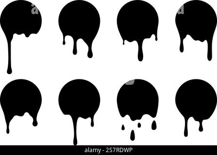 Tropffarbe Aufkleber. Schwarz geschmolzene Abzeichen. Isolierte Tintenflecken. Tropfkreise festgelegt. Runde Silhouetten mit fließenden Tropfen. Abstrakte Graffiti-Elemente. Flüssige grafische Texturen. Vektor verschmutzte Flecken. Tropffarbe Aufkleber. Schwarz geschmolzene Abzeichen. Tintenflecken. Tropfkreise festgelegt. Runde Silhouetten mit fließenden Tropfen. Abstrakte Graffiti-Elemente. Flüssige Texturen. Vektor verschmutzte Flecken Stock Vektor