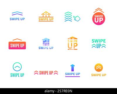 Wischen Sie nach oben. Schaltflächen für die Benutzeroberfläche sozialer Medien. Verschiedene Pfeile für mobile Anwendungen. Videogeschichten verknüpfen Drag- oder Kommunikationsblog UI-Smartphone-Schilder. Vektor-isolierte farbige grafische digitale Symbole. Wischen Sie nach oben. Schaltflächen für die Benutzeroberfläche sozialer Medien. Verschiedene Pfeile für mobile Anwendungen. Video-Geschichten verknüpfen Drag- oder Kommunikations-Blog-UI-Schilder. Vektor farbenfrohe grafische digitale Symbole Stock Vektor