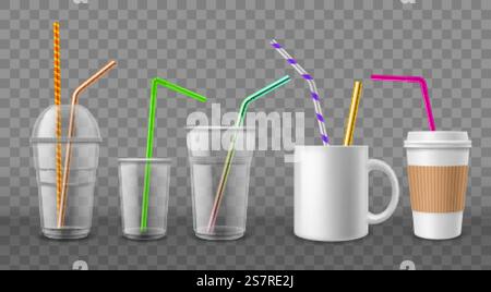 Tassen mit Strohhalmen. Realistische Einwegbecher. 3D-Keramik- und Kartonutensil mit farbigen Getränkeröhrchen aus Metall oder Kunststoff. Isolierte Trinkbar-Geräte-Mockup. Vector Kaffee oder Cocktail Geschirr Set. Tassen mit Strohhalmen. Realistische Einwegbecher. 3D-Keramik- und Kartonutensil mit Getränkeröhrchen aus Metall oder Kunststoff. Mockup für Trinkbar-Geräte. Vector Kaffee oder Cocktail Geschirr Set Stock Vektor