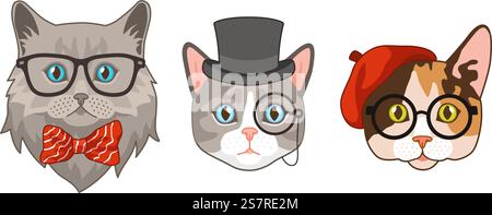 Cat-Köpfe mit Zubehör. Niedliche lustige Katzen verschiedene Rassen Avatarmaulmäuse, Brille und Hüte, Fliege. Hipster Tiere Porträt, smarte Charaktere, Mode trendy Druck Vektor isolierte Zeichentrickserie. Cat-Köpfe mit Zubehör. Niedliche lustige Katzen verschiedene Rassen Avatarmaulmäuse, Brille und Hüte, Fliege. Hipster Tiere Porträt, intelligente Charaktere, Mode Print Vektor isolierte Zeichentrickserie Stock Vektor