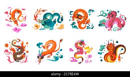 Drachenfiguren mit Hörnern und Klauen und langen Geschichten, Fantasy-Charakteren. Tiere aus Mythologie und Folklore-Traditionen. Flauschige Wolken und Monster mit atmenden Flammen. Vektor in abgewickelter Form. Chinesische Mythologie und Folklore, Drachenfigur Stock Vektor