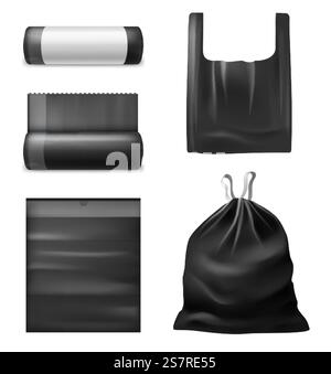 Realistische schwarze Müllsäcke. Küchenmüll Plastiksäcke, Tasche mit Griffen, zusammengeklappt und expandiert, Rolle mit leerem Etikett, gefüllt mit Haushaltsmüll Vektor 3d isoliert auf weißem Hintergrund Set. Realistische schwarze Müllsäcke. Küchenmüll-Kunststoffsäcke, Tasche mit Griffen, zusammengeklappt und expandiert, Rolle mit leerem Etikett, gefüllt mit Haushaltsmüll Vektor 3d isoliert Set Stock Vektor