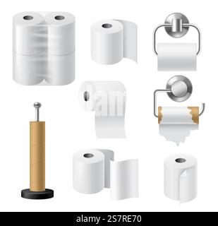 Papierrollenhalter. Realistische Hygieneprodukte Küchen- und Badezimmerzubehör, Papierhandtücher Bänder in Rollen, Pappbuchsen und Metallverchromung, Zellophanverpackung. Vektor-3D-Modellset. Papierrollenhalter. Realistische Hygieneprodukte Küchen- und Badezimmerzubehör, Papierhandtücher Bänder in Rollen, Pappbuchsen und Metallverchromungshalter, Zellophanverpackungsvektor 3D-Modelle Stock Vektor