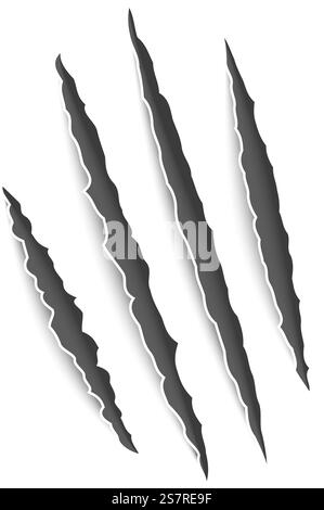Markierungskralle. Kratzt realistische Klauen, Katzen und Tiger, wilde Löwen und Bärentiere Pfoten greifen Spuren an. Halloween-Monster, Horrorsymbol. Dekorationskollektion. Vektor auf weißem Hintergrund isoliert. Markierungskralle. Kratzt realistische Klauen, Katzen und Tiger, wilde Löwen und Bärentiere Pfoten greifen Spuren an. Halloween-Monster, Horrorsymbol. Dekorationskollektion. Vektor-isolierter Satz Stock Vektor