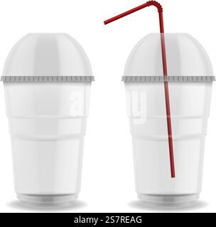 Becher mit kugelförmiger Kappe aus Kunststoff. Realistisches leeres Glas mit Deckel und Strohhalm für kalte und heiße Getränke, Kaffee-Cocktail zum Mitnehmen oder Saft, leere Getränkeverpackung. Geschirr Vektor realistisch isoliert Set. Becher mit kugelförmiger Kappe aus Kunststoff. Realistisches leeres Glas mit Deckel und Strohhalm für kalte Getränke, Kaffee-Cocktail zum Mitnehmen oder Saft, leere Getränkeverpackung. Geschirr Vektor realistisch isoliert Set Stock Vektor