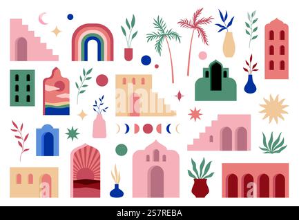 Abstrakte Boho-Architektur. Elemente der Gebäudegeometrie, zeitgenössische Ästhetik, schlichter Stil, minimalistische flache orientalische Formen. Türen und Fenster, Sonnenmond und Sterne, Dekorgrafik Vektor isoliert Set. Abstrakte Boho-Architektur. Elemente der Gebäudegeometrie, zeitgenössische Ästhetik, schlichter Stil, minimalistische flache orientalische Formen. Türen und Fenster, Sonne Mond und Sterne, Vektor isolierter Satz Stock Vektor