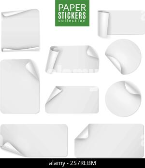 Aufkleberpapier. Etikett weißer Aufkleber runde und quadratische Seite, leeres Abzeichen gebogene Notiz klebende Banner gewellte Ecken. Leere Emblem-Vorlage mit Schatten, Promotion-Kollektion. Vektor isoliertes realistisches Set. Aufkleberpapier. Etikett weißer Aufkleber runde und quadratische Seite, leeres Abzeichen gebogene Notiz klebende Banner gewellte Ecken. Leere Emblem-Vorlage, Promotion-Kollektion. Vektor isoliertes realistisches Set Stock Vektor