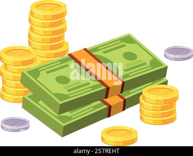 Money Cartoon-Symbol. Bargeld in US-Dollar. Isometrische Scheine und Münzen isoliert auf weißem Hintergrund. Money Cartoon-Symbol. Bargeld in US-Dollar. Isometrische Scheine und Münzen Stock Vektor