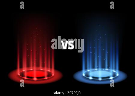 Gegen den Kampf. Portalzauber mit Neonblau und rotem Blitz. Realistischer Lichteffekt mit Strahlen und leuchtenden Partikeln. Futuristischer 3D-Teleporttrichter. Musik- oder Sportwettbewerb. Vektorabbildung. Gegen den Kampf. Portalzauber mit Neonblau und rotem Blitz. Realistischer Lichteffekt mit Strahlen. Futuristischer 3D-Teleporttrichter. Musik- oder Sportwettbewerb. Vektorabbildung Stock Vektor