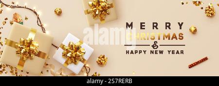 Weihnachtsbanner. Weihnachtsdesign mit funkelnden Lichtern im Hintergrund, mit realistischer Geschenkbox, glitzerndem Goldkonfetti. Horizontales Neujahrsposter, Grußkarte, Kopfzeile, Website. Flache Draufsicht konstruieren Stock Vektor