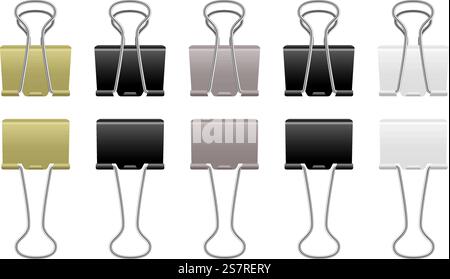 Büroklammern metallisch. Realistischer Stahlbinder. Bürobedarf. Schreibwaren zum Binden von Dokumenten. Isolierte Schwarzweiß-Seitenbefestigungen. Silberne oder goldene Klemmen aus Metall. Vektordateihalter Set. Büroklammern metallisch. Realistischer Stahlbinder. Bürobedarf. Schreibwaren zum Binden von Dokumenten. Isolierte schwarz-weiße Befestigungen. Silberne oder goldene Klemmen. Vektordateihalter Set Stock Vektor