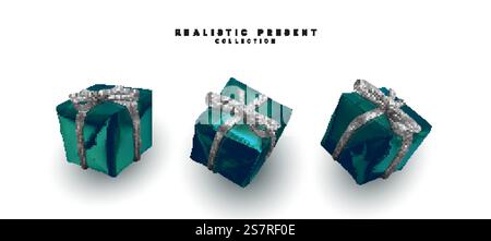 Set aus blauen Geschenkboxen, quadratische Formen. Realistisches 3D-Design von Überraschungsboxen und Geschenkgeschenken. Vektorabbildung Stock Vektor