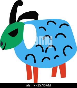 Papierhandwerk von Schafen, Zeichnung von Nutztieren mit Hörnern und Wolle. Isolierte handgefertigte Kunstwerke, Säugetier mit Ohren, Gesicht und Beinen. Emoji oder Emoticon, Aufkleber oder Persönlichkeit. Vektor in abgewickelter Form. Schaf- oder Papierhandwerk von Kindern Stock Vektor