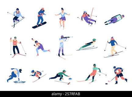 Wintersport Schlittschuhlaufen. Skifahrer und Snowboardsportler, Bergskisprung und Freestyle, Bobbahn, Eisstockschießen, olympische Spiele. Menschen in verschiedenen aktiven Stellungen. Vektor-Zeichentrickfilm isolierter Satz. Wintersport Schlittschuhlaufen. Skifahrer und Snowboardsportler, Bergskisprung und Freestyle, Bobbahn, Eisstockschießen, olympische Spiele. Leute aktive Posen Vektor-Cartoon isolierte Set Stock Vektor