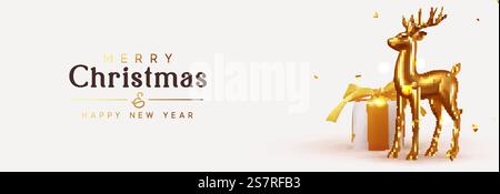 Frohe Weihnachten und frohes neues Jahr. Weihnachtsartikel, goldener Hirsch, Geschenkbox, Bokeh mit goldenen Lichtern und Konfetti mit Glitzer. Geschenkgutschein. Horizontales Banner, Webposter, Kopfzeile für Website. Vektor Stock Vektor