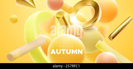 „Hello Autumn“-Schild auf gelbem Hintergrund mit fließenden geometrischen Formen. Vektor-3D-Illustration. Herbstsaison Bannerdesign. „Hello Autumn“-Schild auf gelbem Hintergrund mit fließenden geometrischen Formen. Stock Vektor