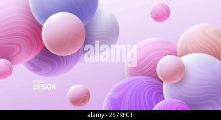 Abstrakter Hintergrund mit 3D-Marmorkugeln. Rosafarbene und violette, weiche Luftblasen. Vektor-Illustration von Kugeln strukturiert mit gewelltem Streifenmuster. Modernes Deckkonzept. Dekoelement für Bannerdesign. Abstrakter Hintergrund mit dynamischen 3D-Kugeln Stock Vektor