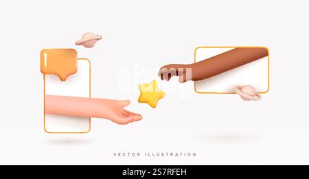 Kommunikation durch elektronische Geräte. Realistisches 3D-Design Mobiltelefon, modernes Tablet. Kreative Konzeptidee soziale Netzwerke, Hände ausgestreckt verbinden sich. Vektorabbildung Stock Vektor